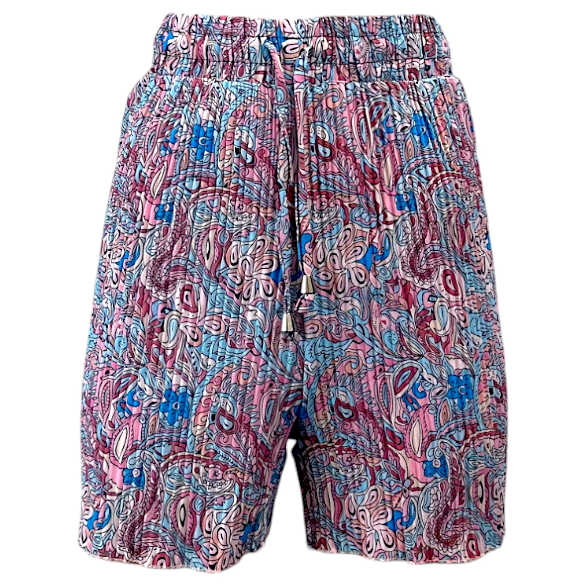 Women's multicolour paisley print shorts with elasticated waist and drawstring tie, lightweight summer casual shorts